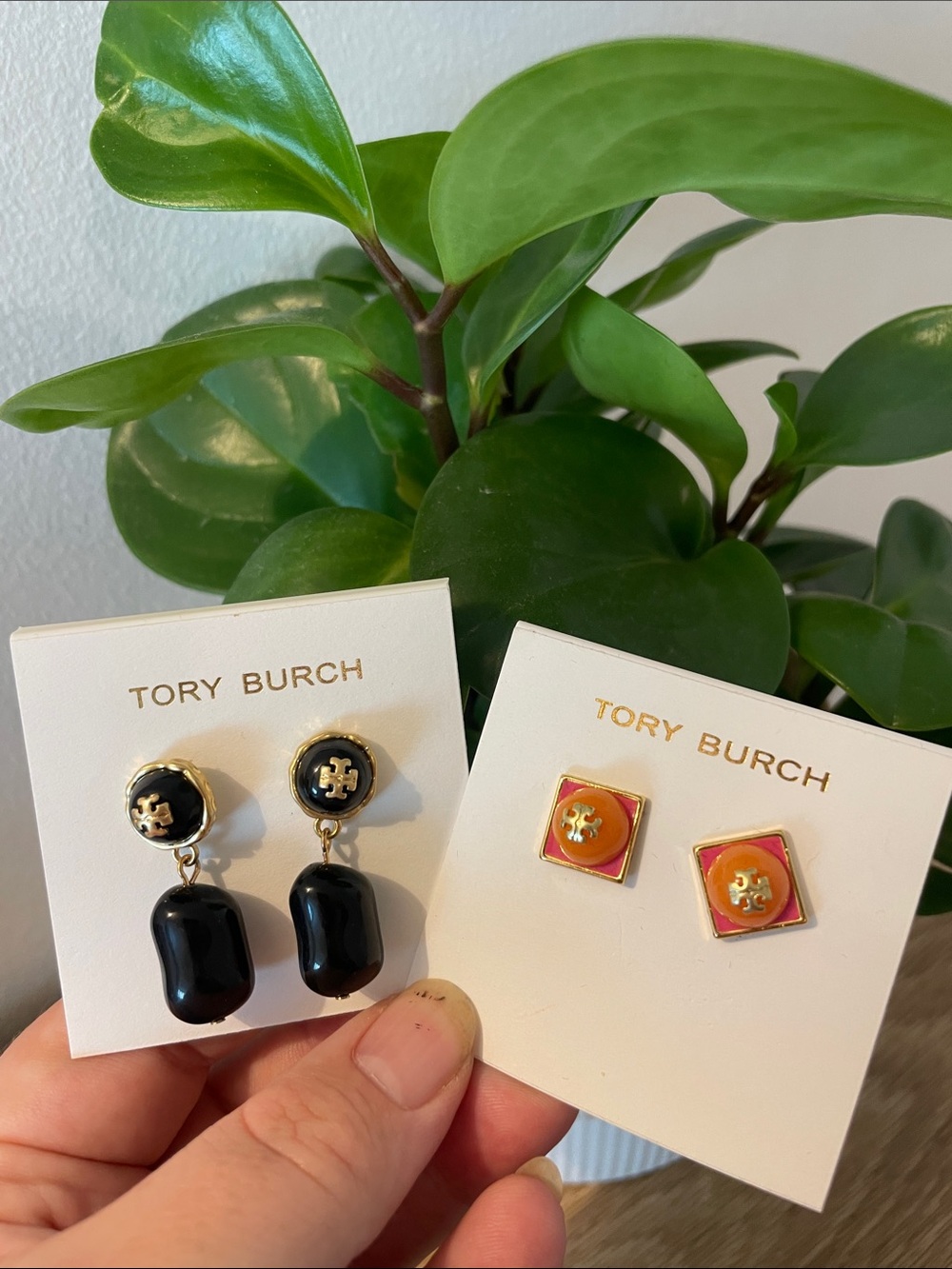 Tory Burch Set of 2 Black Drop Earrings with Orange and Pink Square Studs